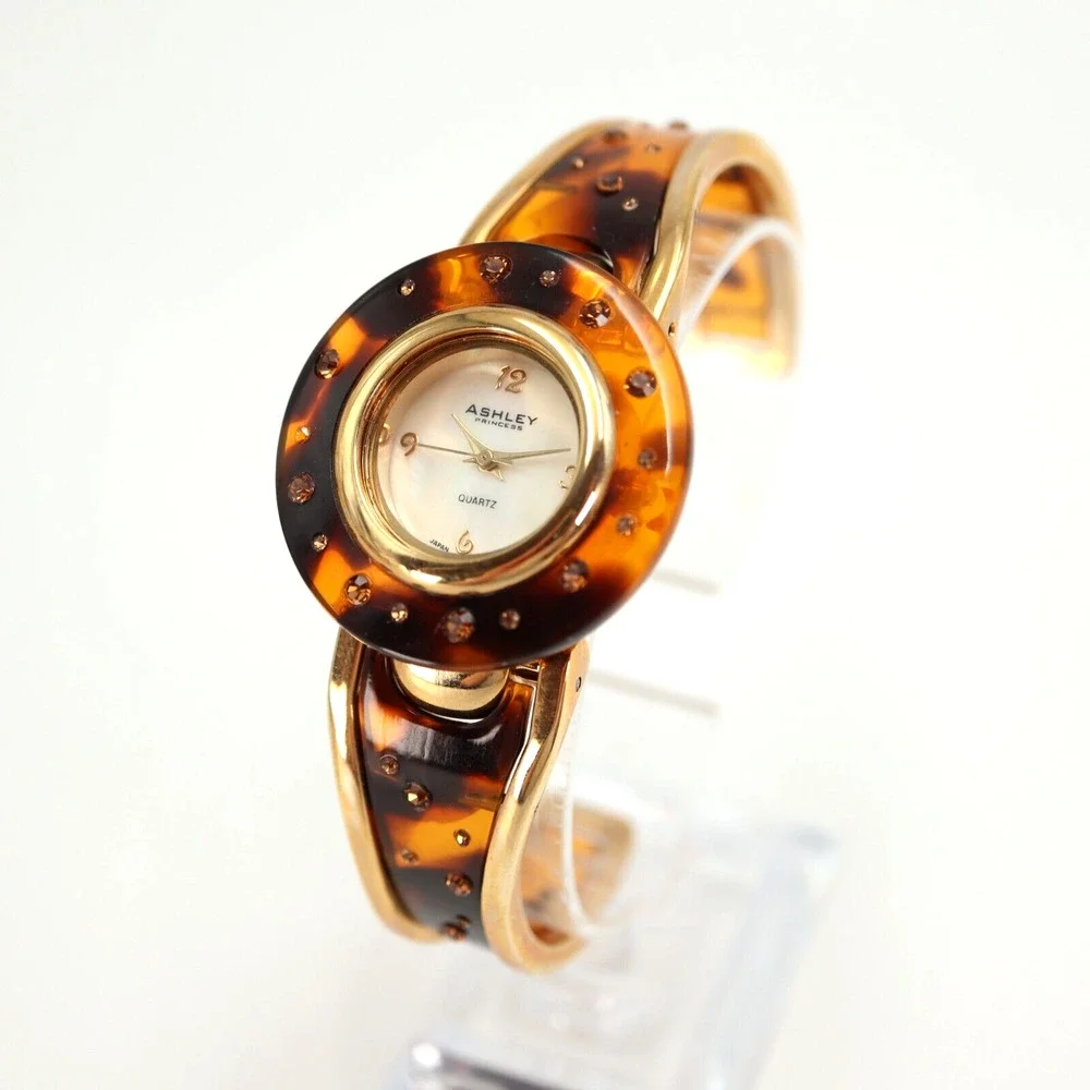 Ashley Princess Womens Watch MOP Dial Tortoise Jewel Bezel Cuff Bracelet Working